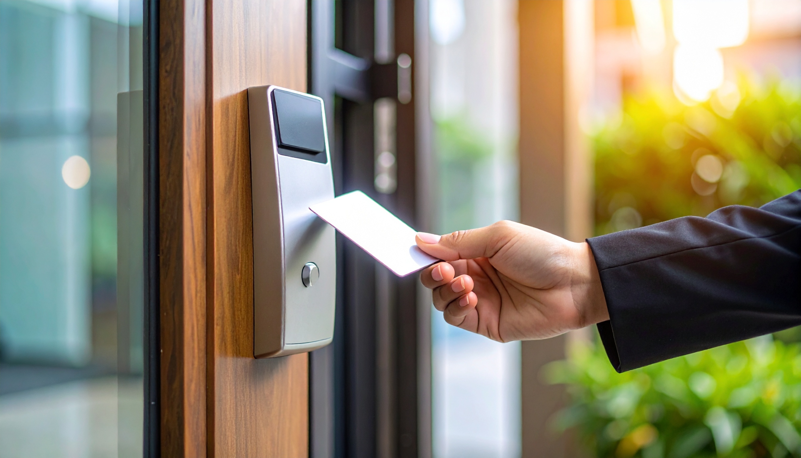 ICカードキーをドアにかざす手