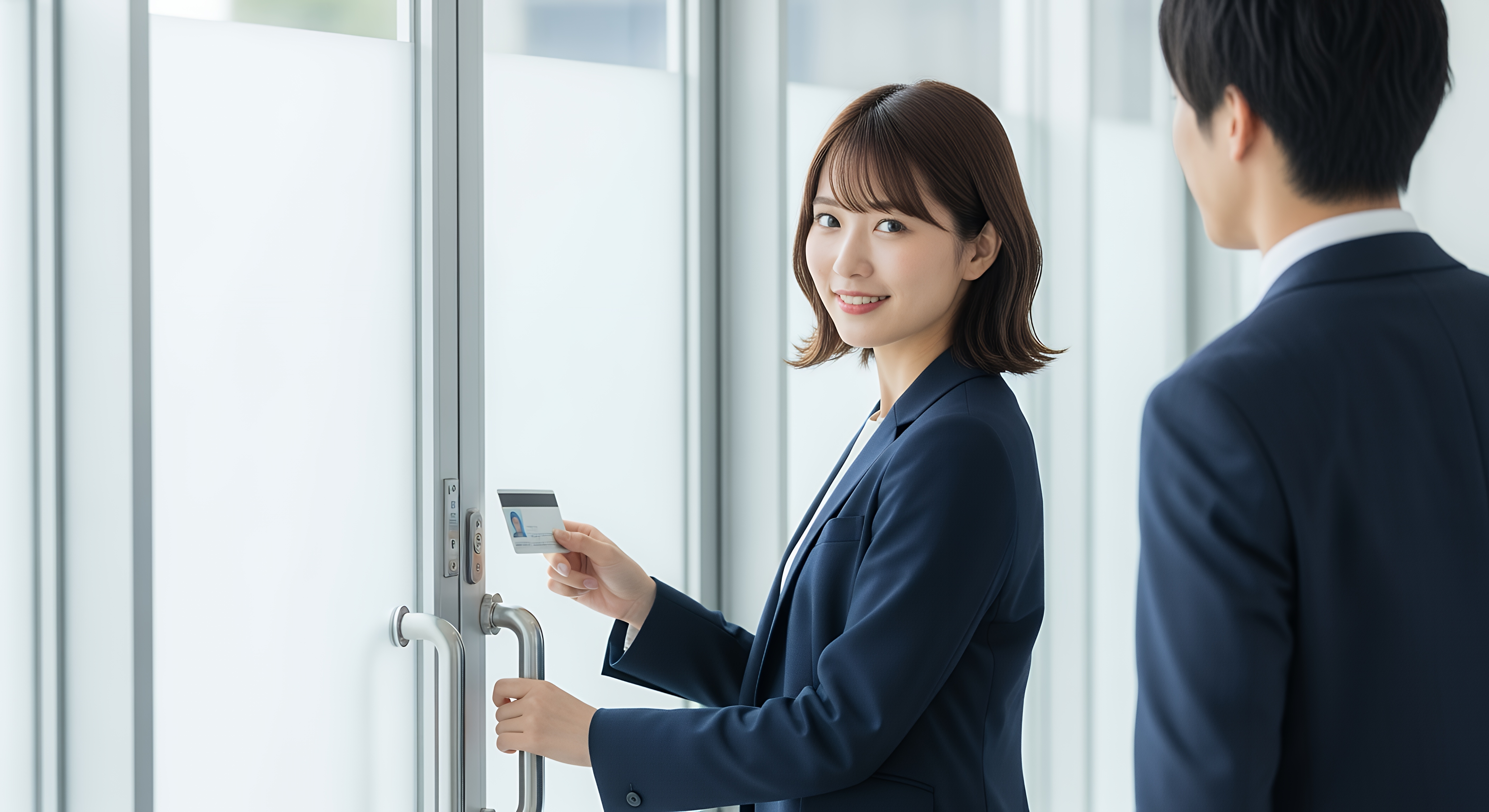 ICカードキーをドアにかざす女性